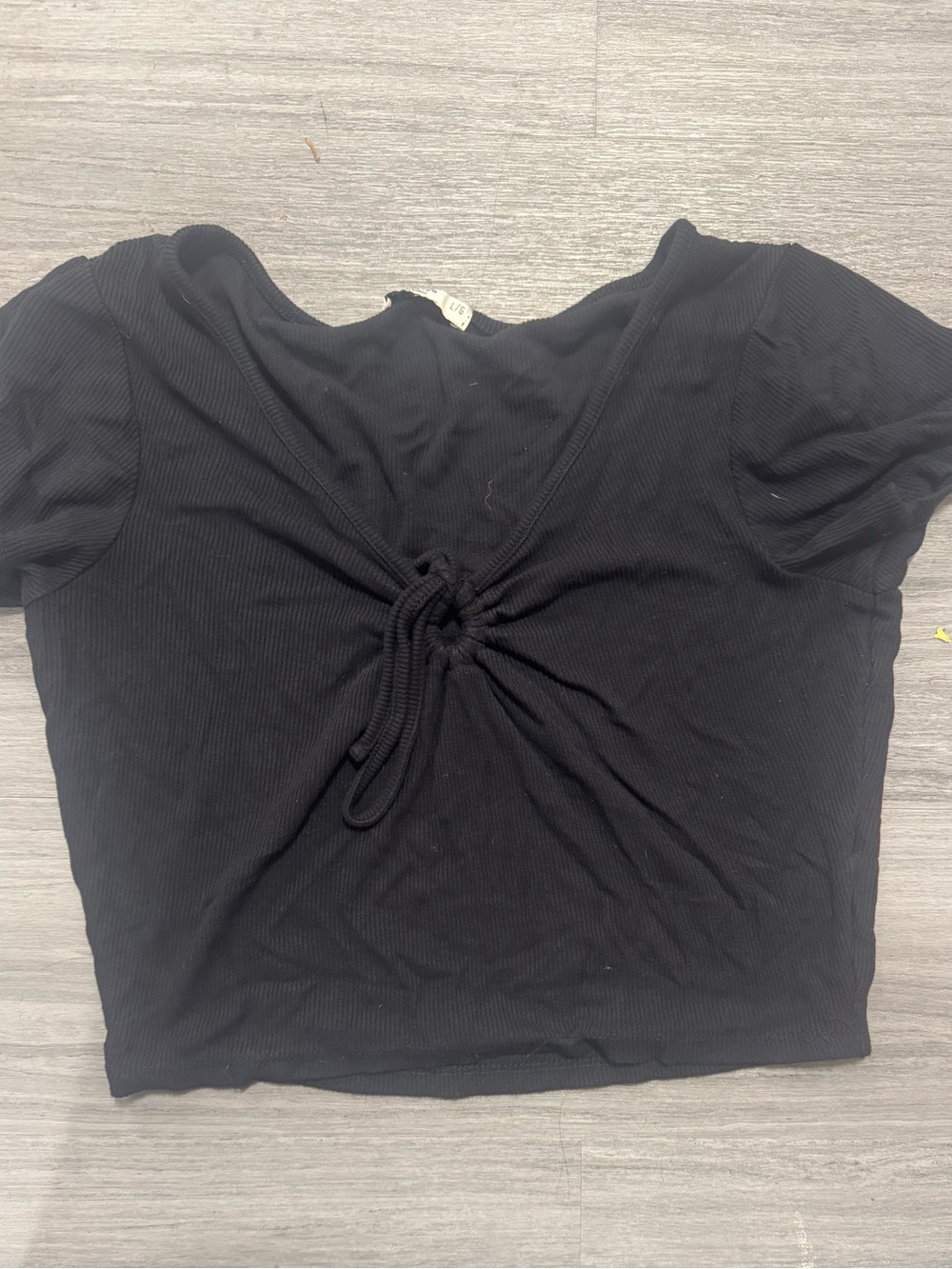 Cotton On Black Ribbed Short-Sleeve Drawstring Crop Top w/ Key Hole